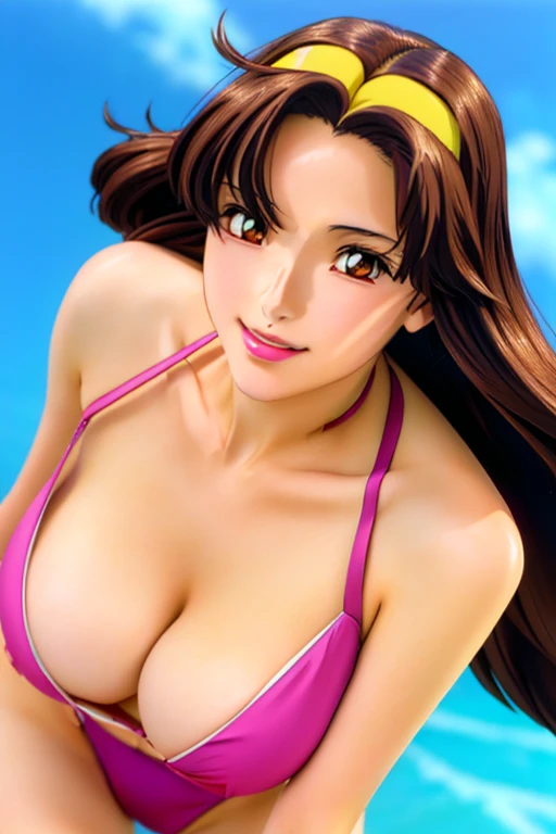 Cartoon close-up of a woman in a bikini, Gainax anime style, Cel-shaded anime, Gainax, , Catherine Akimoto Reiko plays the role of the princess, , 1990s anime, 1990s anime, Retro Anime Images, Ultra-high quality professional 8k resolution with attention to detail Dynamic big breasts Bold cleavage,Beautiful body and legs