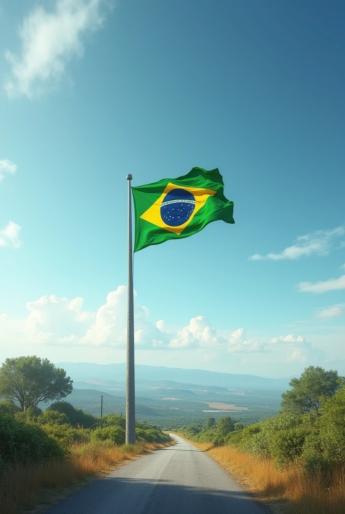 a pole with a Brazilian flag in a landscape with sky and on a realistic road

