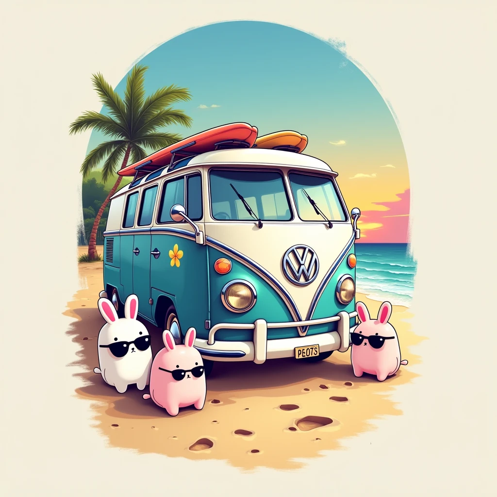 create an illustration with good contrast, with fine and delicate lines, cute fun, to the audience (The image shows a vintage Volkswagen Type 2 van, known as VW Bus, parked on a beach with a clear sky and the sun setting or rising in the background. The van is painted in light blue and white, with several colorful flower stickers and the iconic VW logo on the front. No roof from van, there is a rack with two surfboards attached. ((3 beautifully designed squishmallows shaped like cute, happy stuffed animals playing and wearing big black sunglasses, High definition, details Intricate.)), The sand looks smooth, with some footprints leading to the van. the art in general presents a distribution with characteristics of shirt prints, which do not end in a rectangular shape. Below this scene, there is text that says “Summer Heart” or something related to high summer in a stylized cursive font that suggests a relaxed summer vibe. The font color transitions from pink at the top to yellow at the bottom, imitating a sunset. This image evokes nostalgia for summer travel and beach adventures., symbolizing freedom and leisure