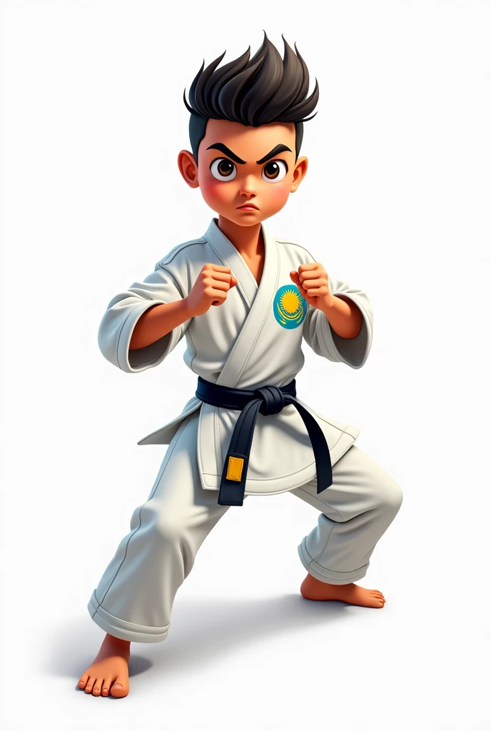 ((officially)) ((masterpiece)) ((Best quality)) ((detailed)) cartoon boy karateka in uniform with emblem flag of Kazakhstan in fighting stance on white background