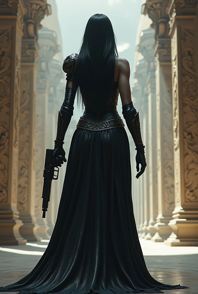 create image of woman from behind in a temple with black hair, white with a black war outfit and an alien pistol 