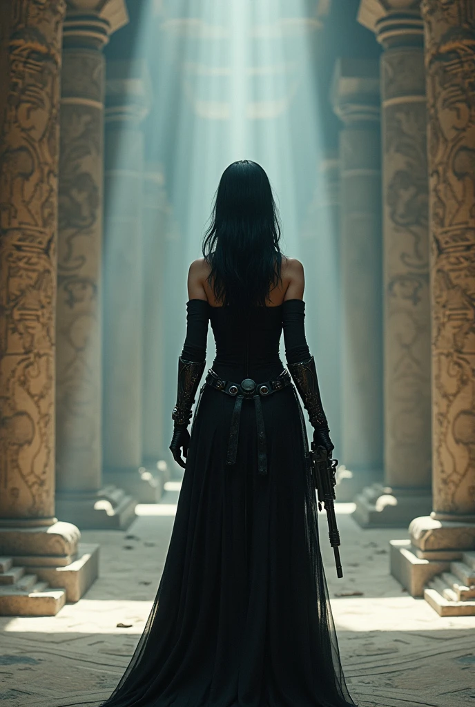 create image of woman from behind in a temple with black hair, white with a black war outfit and an alien pistol 
