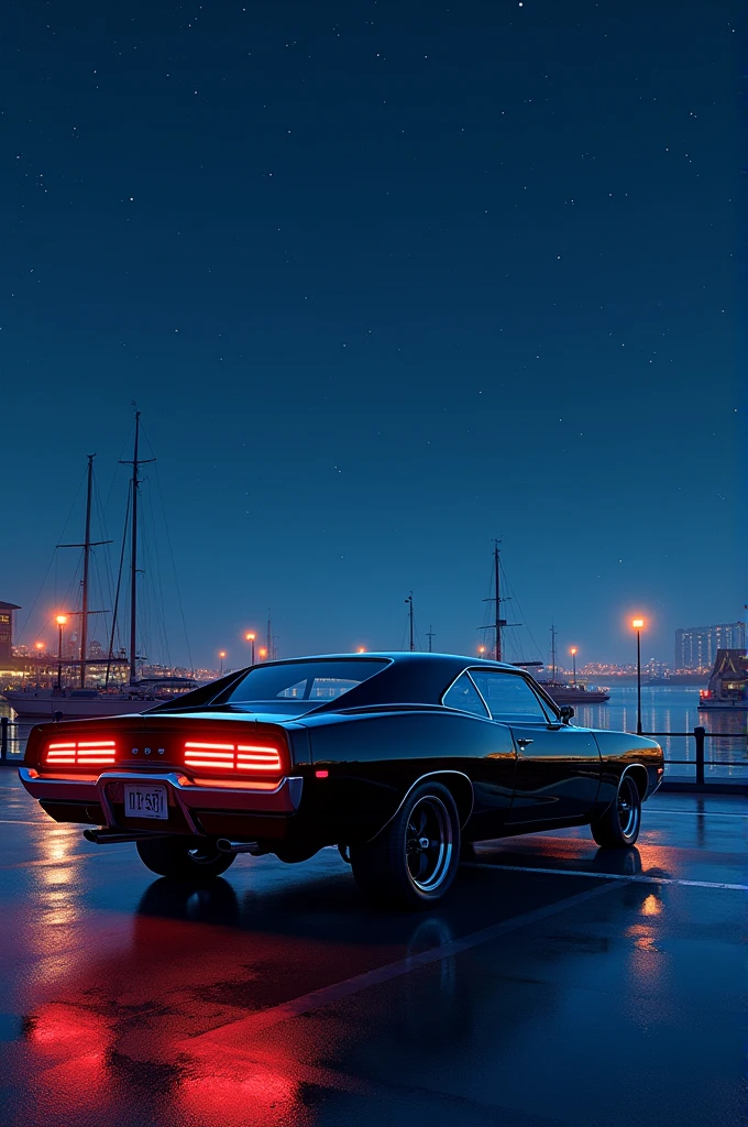 Prompt**: A meticulously drawn animation-style image set in a nighttime harbor. The scene features a vivid night view with a calm sea and a beautiful starry sky above filled with numerous twinkling stars. The wet road surface, reflecting light after the rain, adds to the ambiance. In the pier's parking lot, an Dutch Charger RT with a shiny black body is quietly parked, its taillights glowing softly. The car is rendered with intricate detail, and the entire composition is in high-quality 8K.