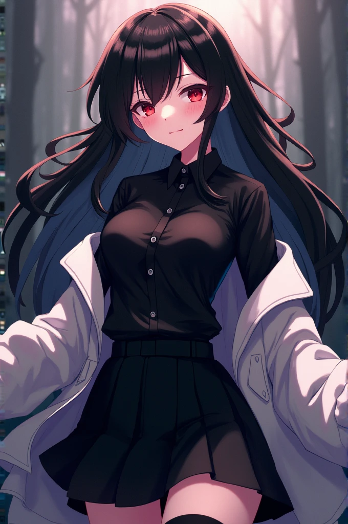Girl with long black hair , red-eyed, with black dress shirt and neckline, with collar around the neck, wearing a white jacket that is a little big, with short black skirt and tights anime version nanatsu no taizai