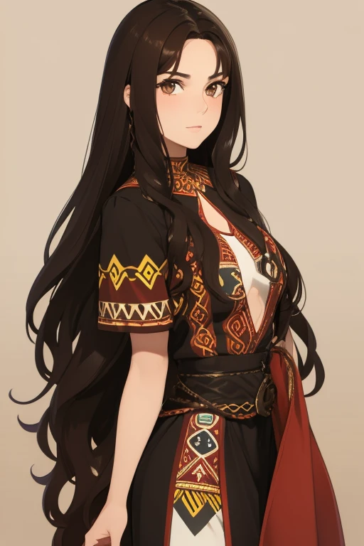 Art of a beautiful indigenous brunette woman, brunette skin, eyes browns, brunette skin, long black wavy hair, brunette skin, indigenous clothing