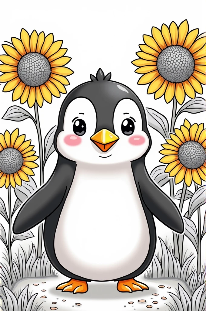 Can you make me a cute coloring template with a penguin and some sunflowers in the background?