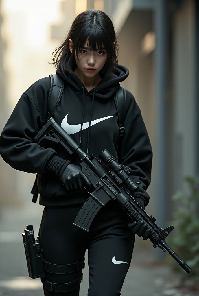Femme coréene tueuse brune vêtue d'un sweat-shirt de club Nike noir et d'une mitraillette légère, ainsi que d'un pantalon Nike noir