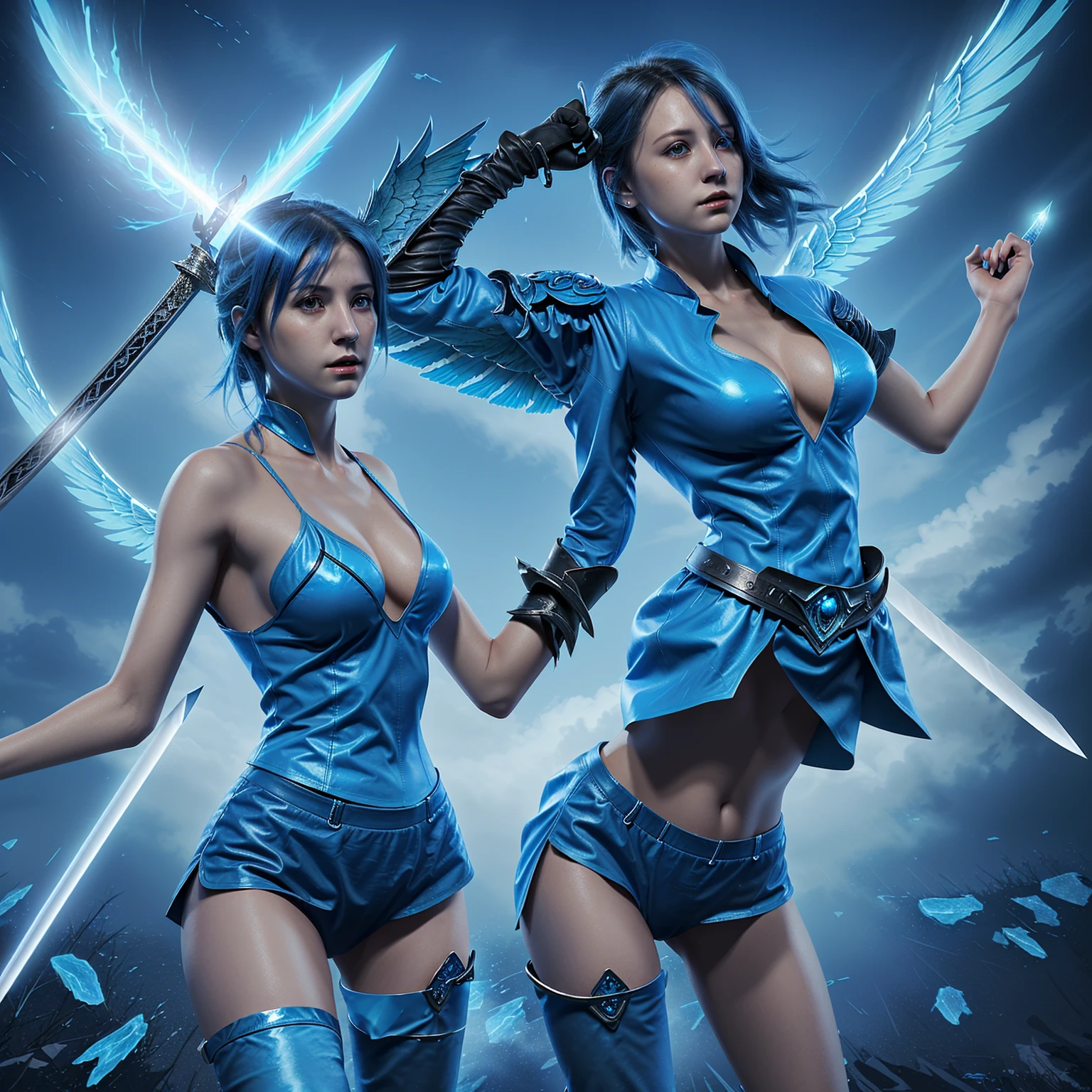 This is a digital artwork of a female character with blue wings, holding a sword, and surrounded by a dynamic blue energy.