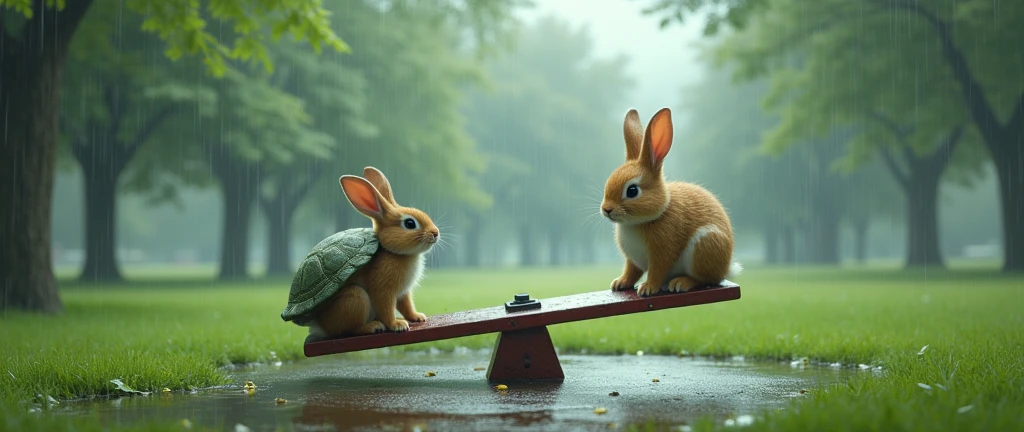 Large grassy park。it&#39;s raining。There is only one seesaw in the middle。
On that seesaw、The rabbit and the turtle are playing. No humans around. Distant angle.