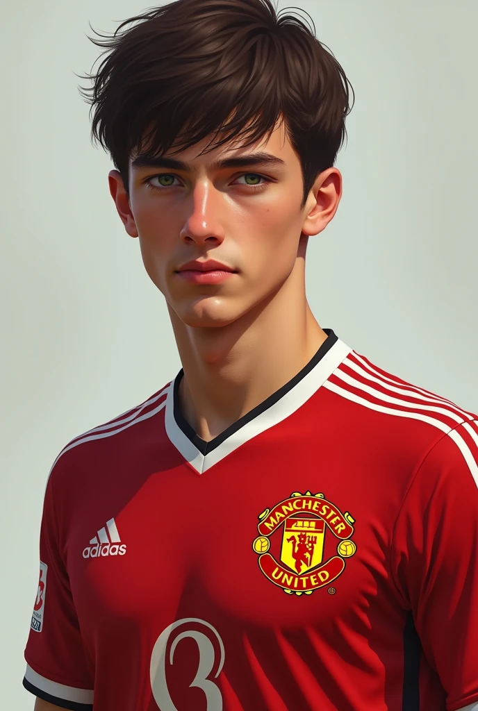  short hair,maroon,with yellowish-white skin, green eyes and football player with manchester shirt