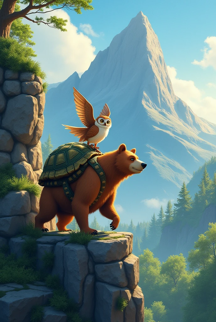 Scene 5: Climbing the Mountain
Prompt: "A tall, rocky mountain towering over the forest. Benny the Bear is climbing up with Tara the Tortoise securely on his back, while Ollie the Owl flies alongside them. The trio looks determined as they tackle the final obstacle on their journey. The mountain is steep, but their teamwork shines through." animal animation photo