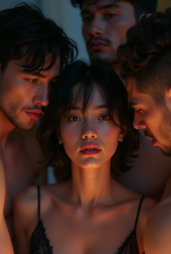 A wife in her twenties with short black hair is seduced by three men