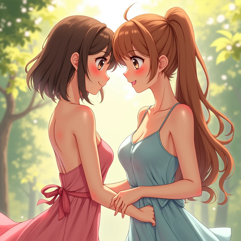 two anime women in sundresses checking out each others' armpits