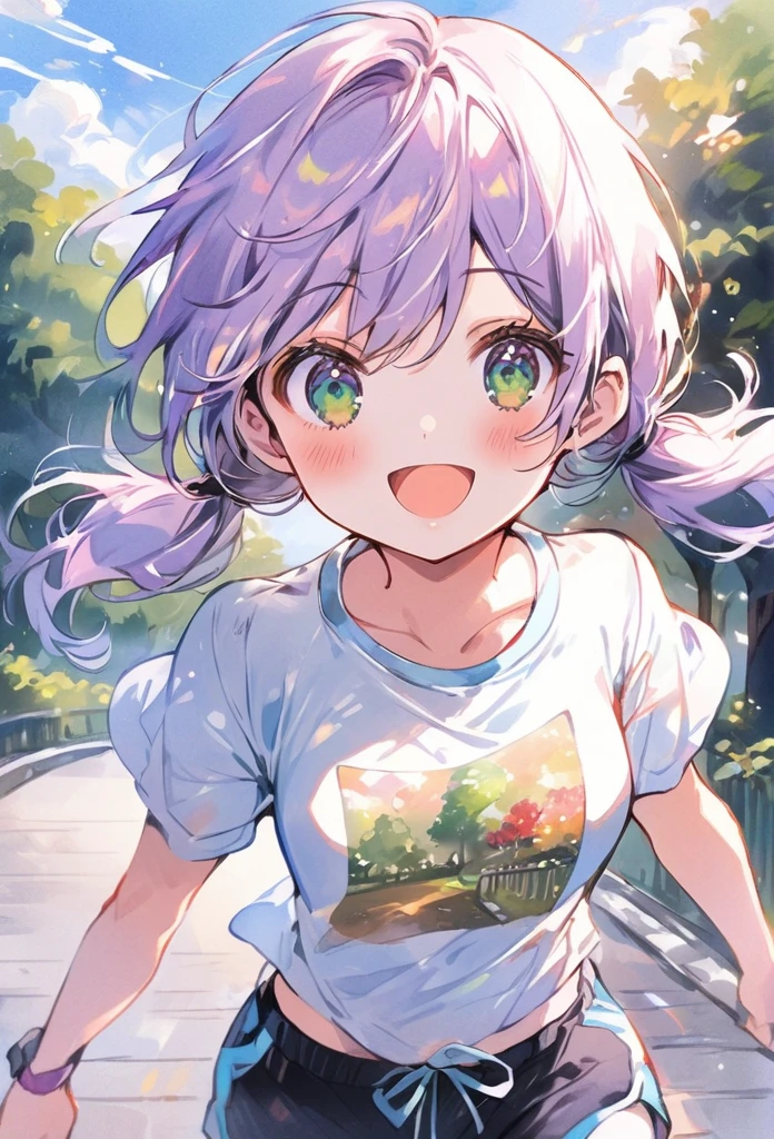 ((best quality, high resolution)), (delicate illustration), (vividcolor style illustration:0.9), (watercolor style illustration:0.4), ((beautiful:1.3)), 4k,
(((1 beautiful woman))), small breasts:0.7, dark green eyes, (blush), ((T-shirt, shorts, jogging shoes,)), low-twintails Hair, pale purple hair, A girl happily jogging, (((Park Walkway:1.3))), ((glance upward at viewer)), cowboy shot,