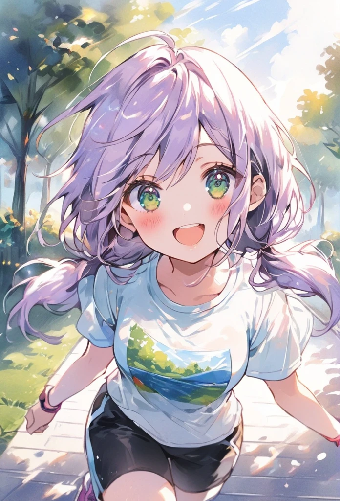 ((best quality, high resolution)), (delicate illustration), (vividcolor style illustration:0.9), (watercolor style illustration:0.4), ((beautiful:1.3)), 4k,
(((1 beautiful woman))), small breasts:0.7, dark green eyes, (blush), ((T-shirt, shorts, jogging shoes,)), low-twintails Hair, pale purple hair, A girl happily jogging, (((Park Walkway:1.3))), ((glance upward at viewer)), cowboy shot,