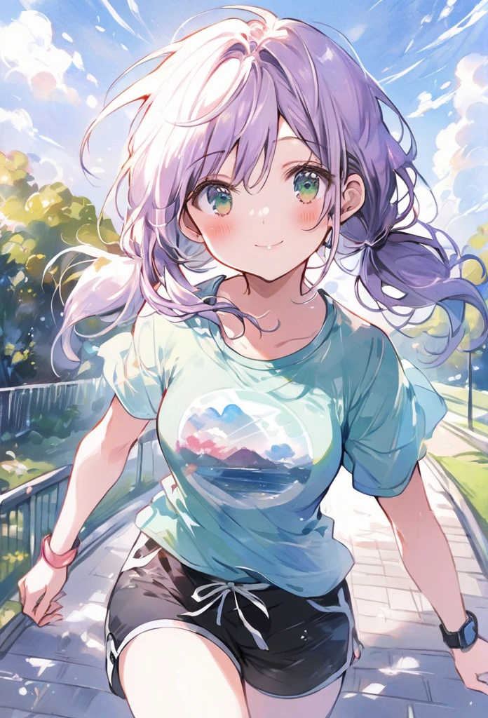 ((best quality, high resolution)), (delicate illustration), (vividcolor style illustration:0.9), (watercolor style illustration:0.4), ((beautiful:1.3)), 4k,
(((1 beautiful woman))), small breasts:0.7, dark green eyes, (blush), ((T-shirt, shorts, jogging shoes,)), low-twintails Hair, pale purple hair, A girl happily jogging, (((Park Walkway:1.3))), ((glance upward at viewer)), cowboy shot,