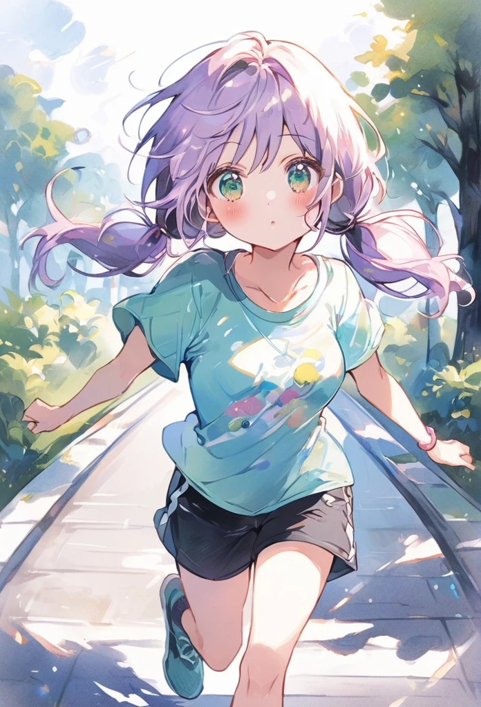 ((best quality, high resolution)), (delicate illustration), (vividcolor style illustration:0.9), (watercolor style illustration:0.4), ((beautiful:1.3)), 4k,
(((1 beautiful woman))), small breasts:0.7, dark green eyes, (blush), ((T-shirt, shorts, jogging shoes,)), low-twintails Hair, pale purple hair, A girl happily jogging, (((Park Walkway:1.3))), ((glance upward at viewer)), cowboy shot,