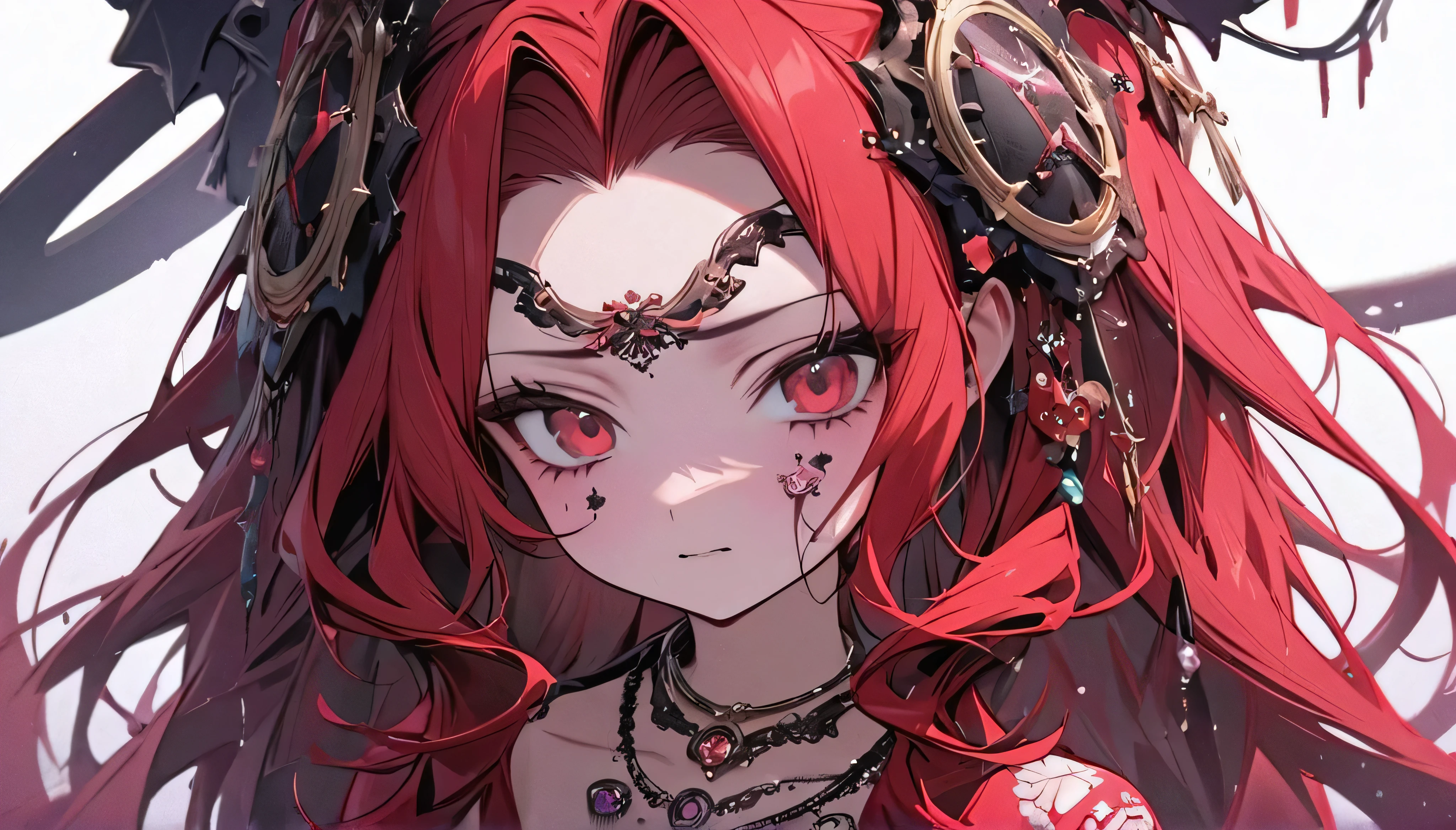 Highest quality, Learning, Detailed Hair, High resolution, 1 person, necklace, hair ornaments, kawaii, (Beautiful Face), Red clothes, Small breasts, Red Hair, Are standing，Medusa, White background