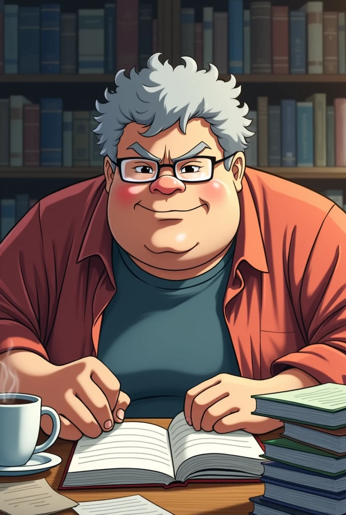 Create an anime of a young man, fatter, gray-haired, curly and short studying for a contest and drinking coffee, focused on books