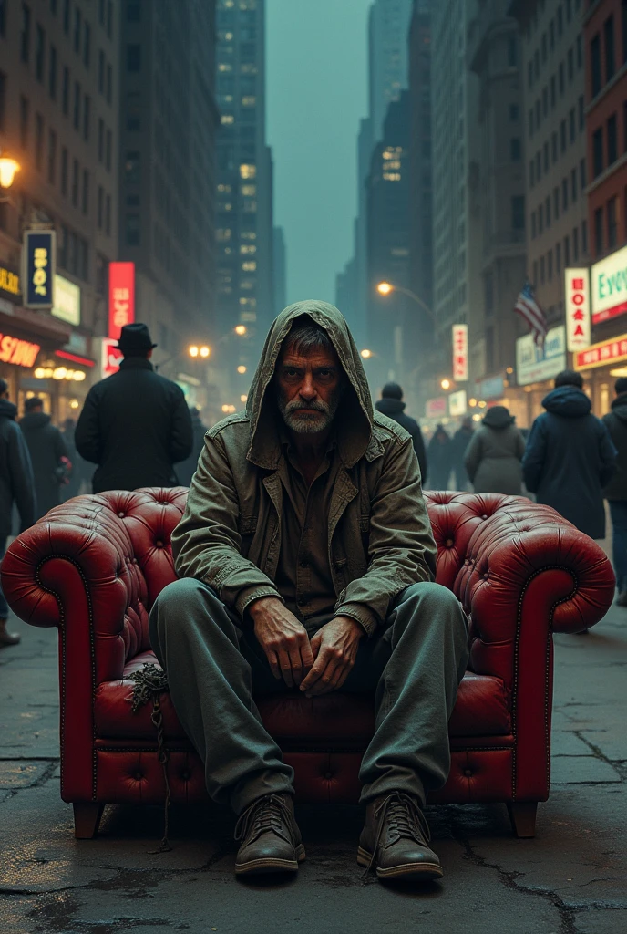 Man sitting on a red sofa in the middle of a New York street, poor, torn clothes, hands on heels, lots of people passing by, It's night, Dirty clothes Man sitting on a red sofa in the middle of a New York street, poor, torn clothes, hands on heels, lots of people passing by, It's night, Dirty clothes