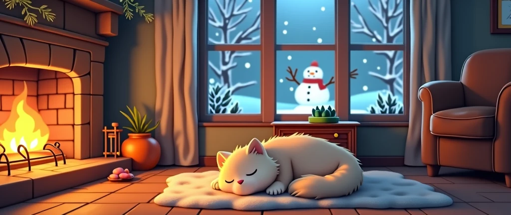 A cat sleeps by the fireplace in a warm home, Cozy, Anime ,Lofi ,Ultrawide , Studio Ghibli Inspired ,vibes ,Wide view ,Outside the window there is a snowman.