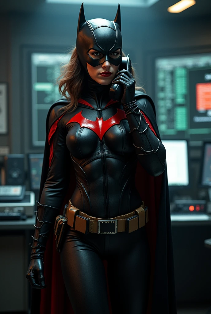 A batwoman answering phone with angry face