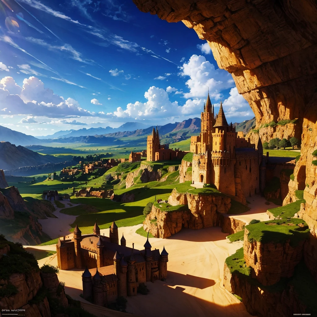 aerial view of a very luxurious medieval desert cornucopia with detailed hobbit houses, with very detailed houses and buildings, cinematic lighting, god rays, anime style, UHD, masterpiece, accurate, high quality, highres