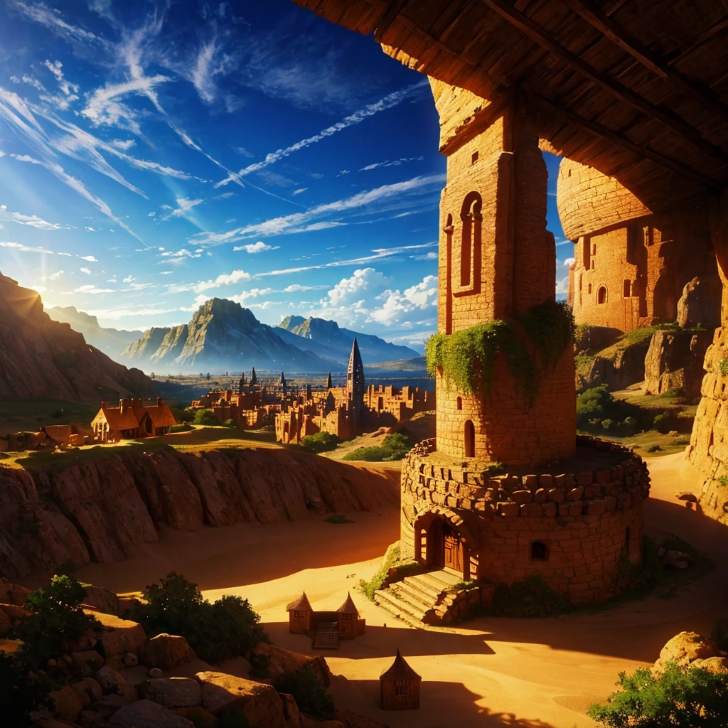 aerial view of a very luxurious medieval desert cornucopia with detailed hobbit houses, with very detailed houses and buildings, cinematic lighting, god rays, anime style, UHD, masterpiece, accurate, high quality, highres