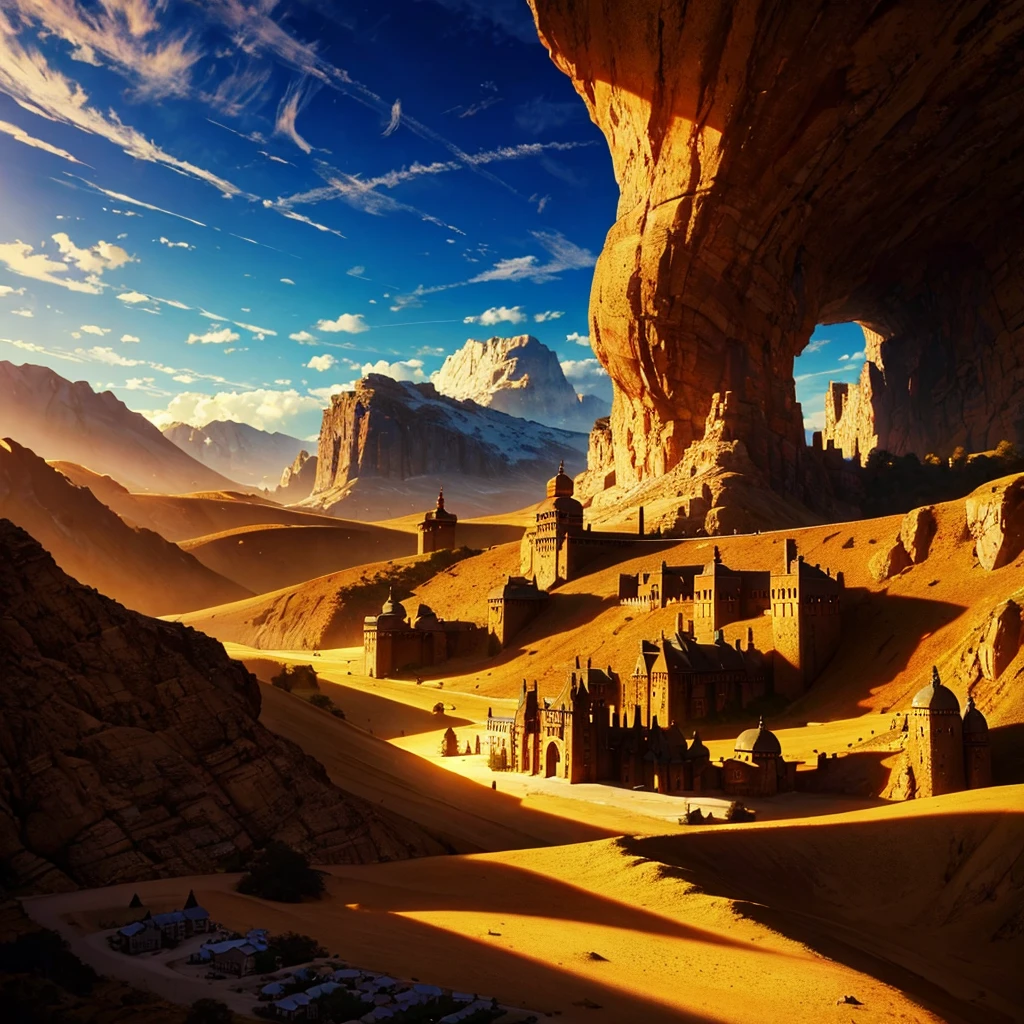 aerial view of a very luxurious medieval desert cornucopia with detailed hobbit houses, with very detailed houses and buildings, cinematic lighting, god rays, anime style, UHD, masterpiece, accurate, high quality, highres