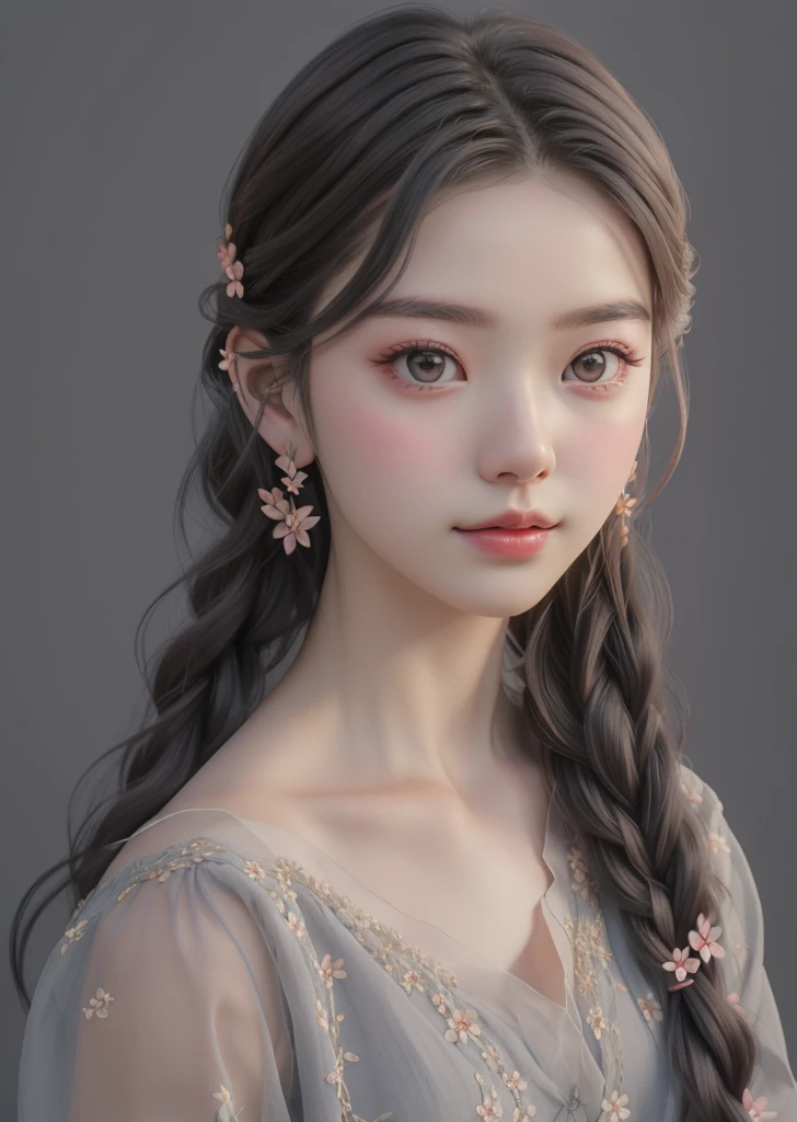Highest quality, comics_Portraiture, One girl, alone, Long Hair, View your viewers, Simple Background、Chestnut Hair, hair ornaments, Brown eyes,  Braiding, Earrings, parted lips, Gray background, lips, single Braiding,  Hair that falls over the shoulders, flower Earrings, 