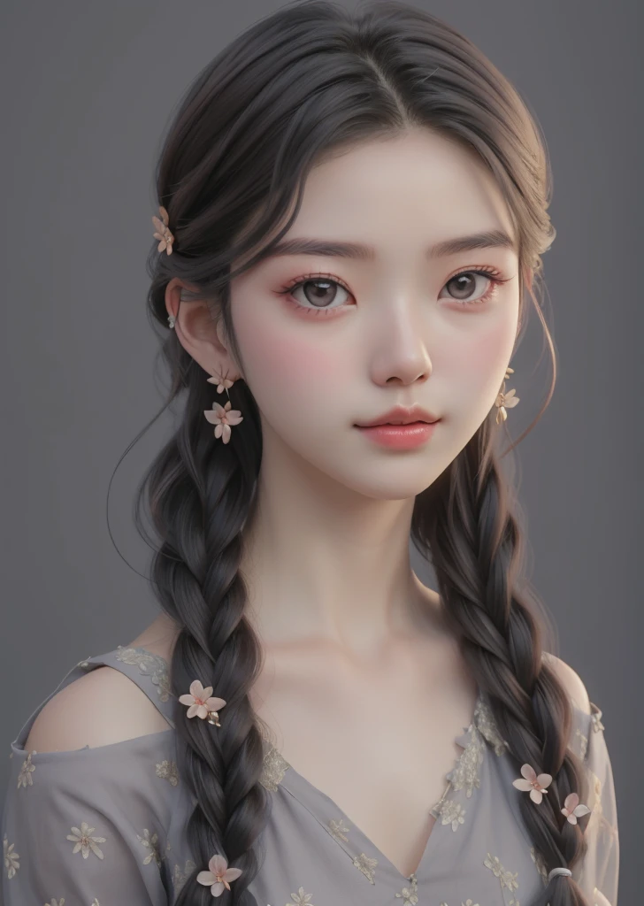 Highest quality, comics_Portraiture, One girl, alone, Long Hair, View your viewers, Simple Background、Chestnut Hair, hair ornaments, Brown eyes,  Braiding, Earrings, parted lips, Gray background, lips, single Braiding,  Hair that falls over the shoulders, flower Earrings, 