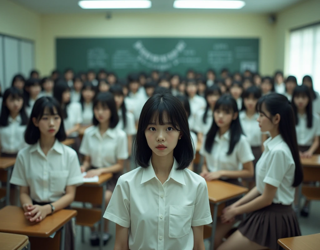 (No need for a center subject in the foreground), (Japanese Clone-girls=Myself), (Super Best masterpiece Clone-girls Raw Photography Art), (16K, Highest quality, Ultra-high resolution, RAW Photos), (It's so unrealistic., With unparalleled depiction, With an unfathomable sight, An unprecedented and shocking worldview, Clone-girls: In a world of mass reproduction, Ultra-realistic depiction), (Japanese Girls, Hamabe-Minami, ), (Small face, Thick black hair, long hair, Dark Eyes, Mature face, Cute Smile, Smiling face, A gentle gaze), (Very pleasant look), (Very beautiful and detailed girl, Accurate body structure, Accurate body movements, Very detailed body), (Super big breasts, Large bulge of ample breasts), (High school girl's summer clothes, Short sleeve, Emphasise the fullness of your breasts), (Very detailed, Myself cloning, Depiction of splitting oneself, 1Myself girl→1,000,000,000,000,000,000,000,000,000,000Myself cloning girls), (Myself clone girlsは, With the same perfect appearance, to multiply in large numbers), (Very detailed depiction, Myself's multiplying female body, In the same female body,With the same face, With the same hairstyle, In the same clothes, At the same height, 同じSuper big breastsで, A completely indistinguishable female body, 1,000,000,000,000,000,000,000,000,000,000 people), (Myself girls only), (1,000,000,000,000,000,000,000,000,000,000Myself girls), Japanese Classroom, Scenes from class, Bright lighting, Peaceful atmosphere, Talk to Myself, Wide-angle field of view, wide view, You can shoot your subject from anywhere