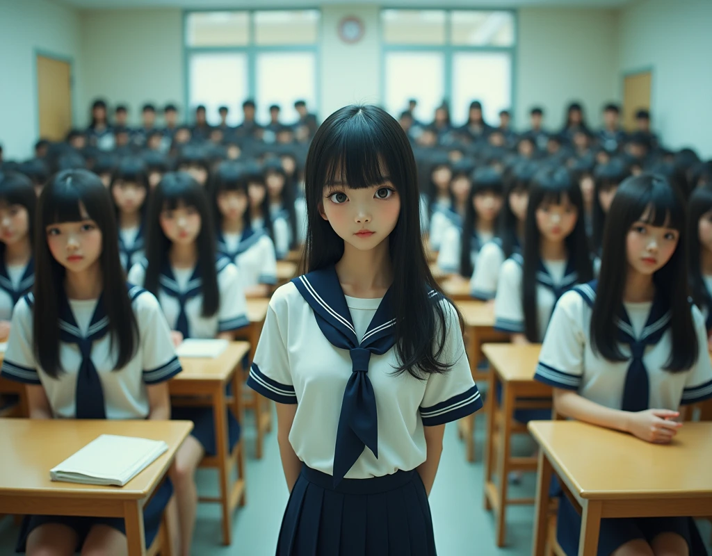 (No need for a center subject in the foreground), (Japanese Clone-girls=Myself), (Super Best masterpiece Clone-girls Raw Photography Art), (16K, Highest quality, Ultra-high resolution, RAW Photos), (It's so unrealistic., With unparalleled depiction, With an unfathomable sight, An unprecedented and shocking worldview, Clone-girls: In a world of mass reproduction, Ultra-realistic depiction), (Japanese Girls, Hamabe-Minami, 16yo), (Small face, Thick black hair, long hair, Dark Eyes, Mature face, Cute Smile, Smiling face, A gentle gaze), (Very pleasant look), (Very beautiful and detailed girl, Accurate body structure, Accurate body movements, Very detailed body), (Super big breasts, Large bulge of ample breasts), (High school girl's summer clothes, Short sleeve, Emphasise the fullness of your breasts), (Very detailed, Myself cloning, Depiction of splitting oneself, 1Myself girl→1,000,000,000,000,000,000,000,000,000,000Myself cloning girls), (Myself clone girlsは, With the same perfect appearance, to multiply in large numbers), (Very detailed depiction, Myself's multiplying female body, In the same female body,With the same face, With the same hairstyle, In the same clothes, At the same height, 同じSuper big breastsで, A completely indistinguishable female body, 1,000,000,000,000,000,000,000,000,000,000 people), (Myself girls only), (1,000,000,000,000,000,000,000,000,000,000Myself girls), Japanese Classroom, Scenes from class, Bright lighting, Peaceful atmosphere, Talk to Myself, Wide-angle field of view, wide view, You can shoot your subject from anywhere