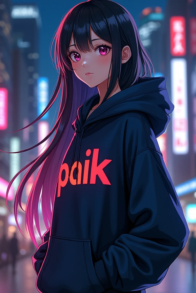 Create anime character;
{background: capital HD text: “GLBK” in right-top, night}, tanned skin,
realistic, HDR, beautiful, japan style, full body, age 20, hoodie HD text: “Paik”, female, color Gradient hair, long hair