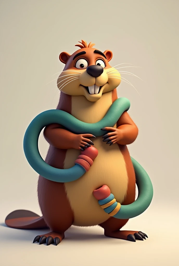 I want to create an image of an animated beaver, that has colored hoses, that he is standing and without clothes 
