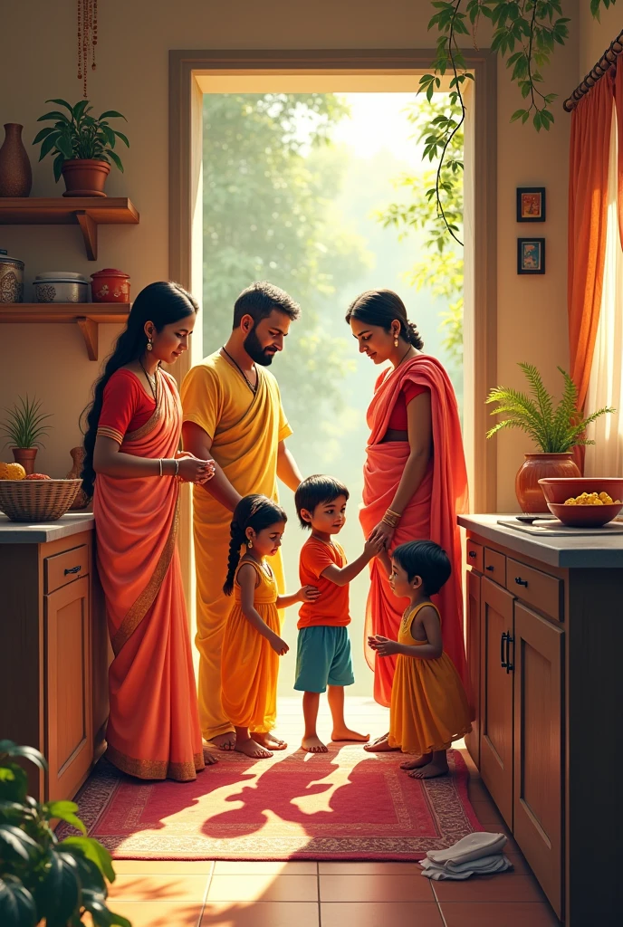 இந்திய குடும்பம்,  தாய் , தந்தை,  தாத்தா, பாட்டி, மாமா , அத்தை , குழந்தைகள், சித்தப்பா , சித்தி, இவர்கள் ஒவ்வொருவரும் ஏதாவது ஒரு வேலை செய்வது போன்று, வீட்டிற்குள் 