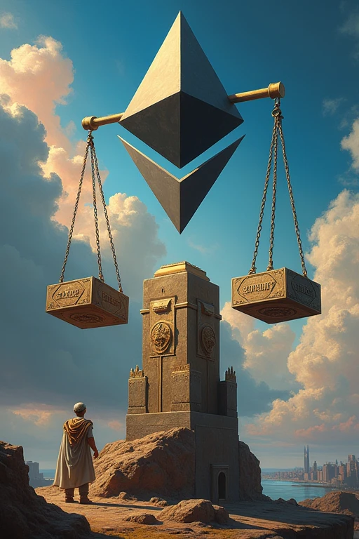 A large scale balancing various crypto projects. Optimism's weight is increasing as armored blocks labeled 'Security' and 'Scalability' are added to its side. The Ethereum logo watches approvingly from above. Market charts in the background show positive reactions.