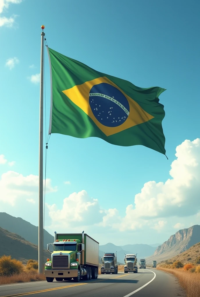 a pole with a Brazilian flag in a landscape with sky and on the road with realistic trucks