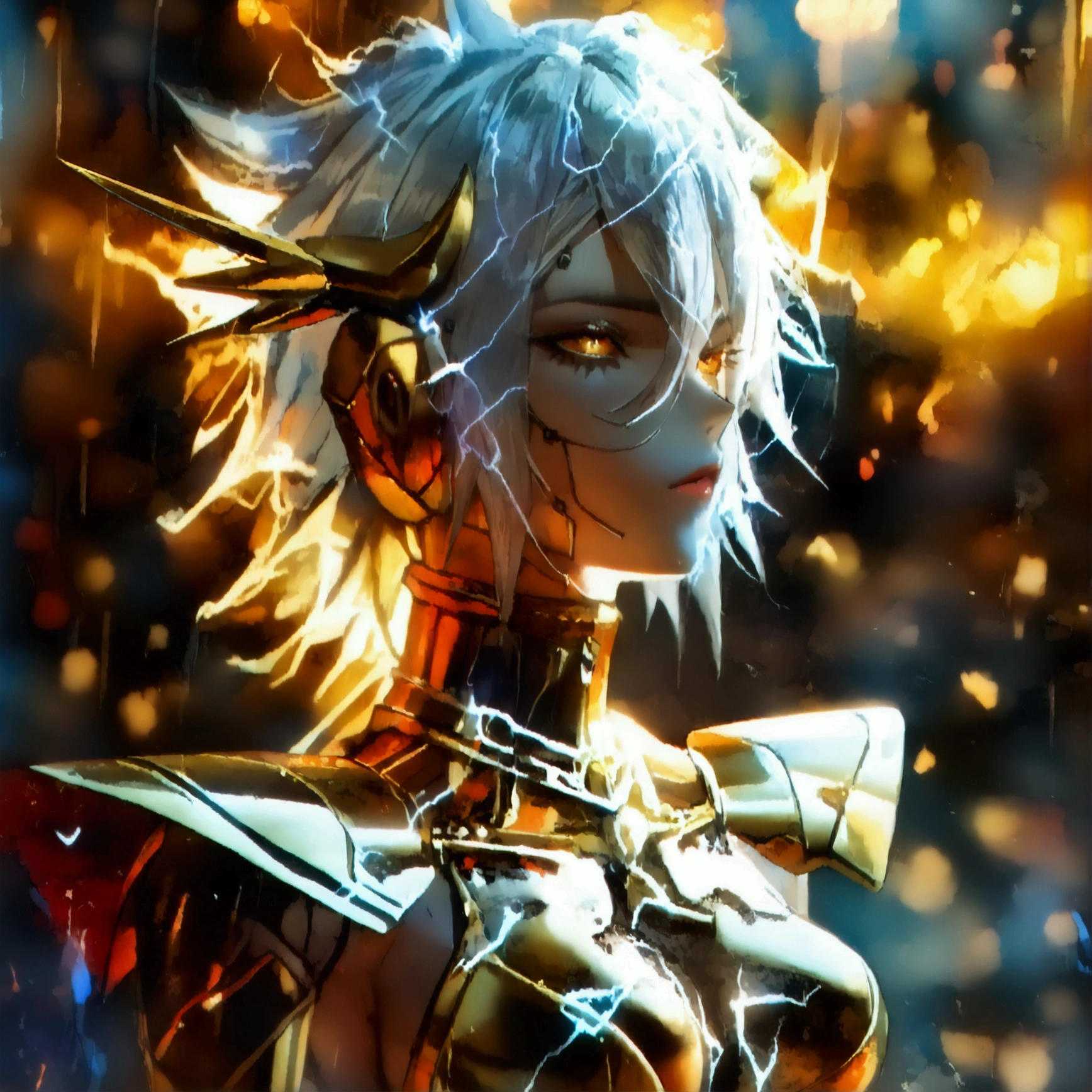 (((Golden Spear))), ((Lightning Power)), ((Electricity)), ((Fire Background)), (((android 21))), (((white Coat))), (((Darkness power))), (((Busty))), luxury bustier corset, ((silver hair)), (((Very slim waist))), propotional body, ((Gorgeous)), ((gold wings)), masterpiece, hyperdetail, ambient effect, digital effect, (((Fire Spear))), (((Lightning Spear))), (((Fire Gold Armor))), ((Lightning Gold Wings)), ((Fire Demon Horns))