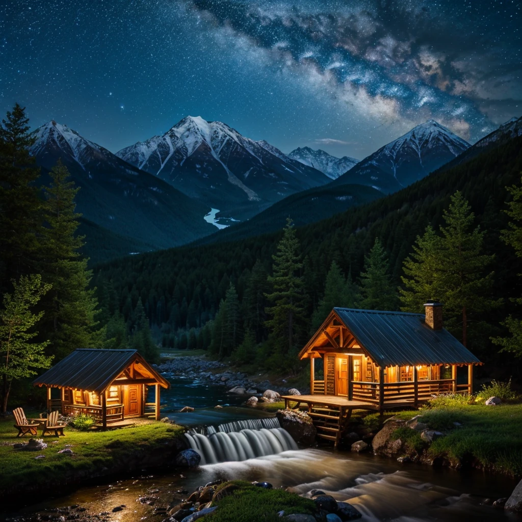 mountain, night, water stream, shack, mushrooms, star, fairy