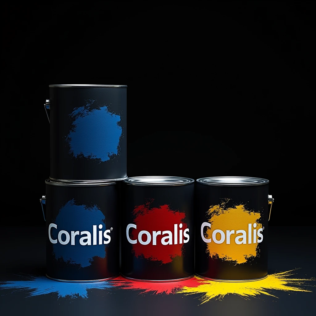 I want a background image for a website with gallons of paint in black with the words Coralis written on them stacked with the colors in the middle of the can indicating the blue colors, rot, yellow 1024x1024 pixels.