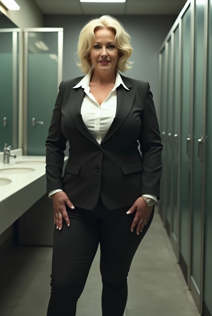 50 years old, A woman with short blonde haire, square cut Real women, she has an hourglass figure, she has a surreal, hentai-like physique, with exaggerated curves that showcase large buttocks and voluminous breasts, she is verry slim
Executive: Elegant, professionally dressed woman.
Attire:
Jacket: Black suit.
Top: White blouse.
Bottom: Fitted pants.
Shoes: Black pumps.
Context: Company washroom, modern but impersonal decor.
Action: She takes a selfie in the mirror, flashing a forced smile despite a stressed expression.
Expression: Determined look, but with a glint of fatigue, as if trying to hide her discomfort.
Atmosphere: A slightly tense atmosphere, with the background noise of office activity contrasting with the intimacy of the bathroom.