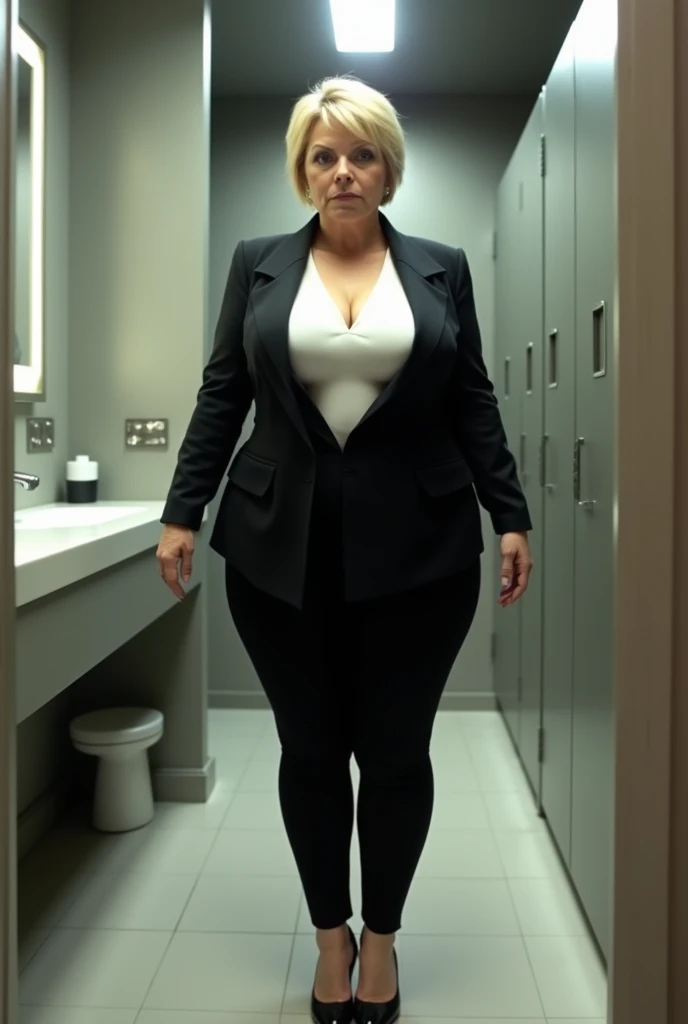 50 years old, A woman with short blonde haire, square cut Real women, she has an hourglass figure, she has a surreal, hentai-like physique, with exaggerated curves that showcase large buttocks and voluminous breasts, she is verry slim


Executive: Elegant, professionally dressed woman.
Attire:
Jacket: Black suit.
Top: White blouse.
Bottom: Fitted pants.
Shoes: Black pumps.
Context: Company washroom, modern but impersonal decor.
Action: She takes a selfie in the mirror, flashing a forced smile despite a stressed expression.
Expression: Determined look, but with a glint of fatigue, as if trying to hide her discomfort.
Atmosphere: A slightly tense atmosphere, with the background noise of office activity contrasting with the intimacy of the bathroom.