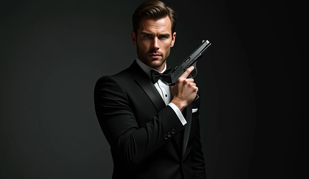 Liam Hemsworth as James Bond 007 wearing black tuxedo posting with walther ppk
