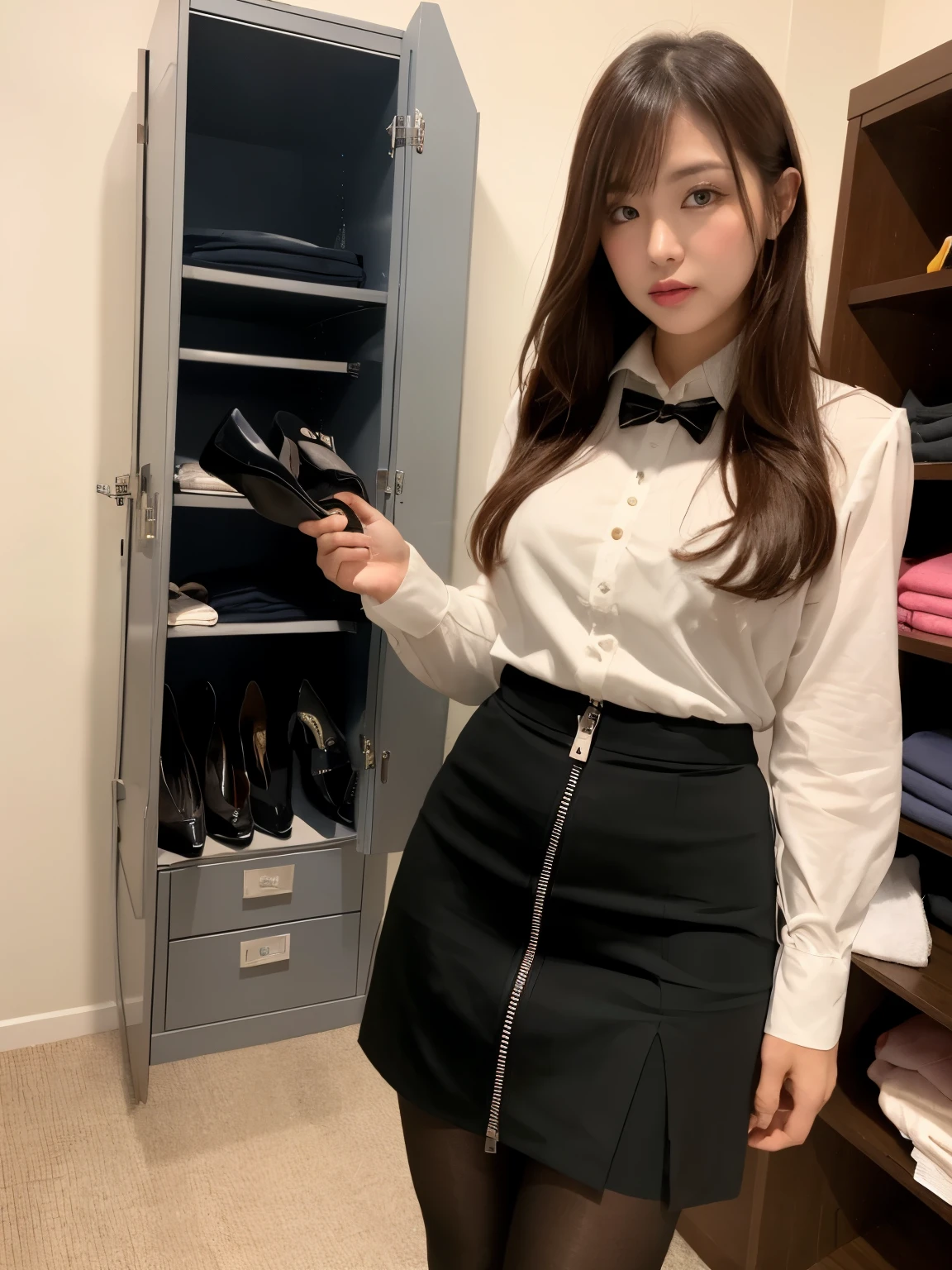ulzzang-6500-v1.1, (RAW Photos:1.2), (Realistic), (Genuine:1.4), １girl、Perfect Anatomy、Medium Long Hair、bangs、Plaid vest、Pencil Skirt、Pantyhose and skirt、locker room、((Changing clothes:1.3、The zipper of the skirt is down))、(Ultra-realistic pantyhose:1.4), (High heels), (Business services)、