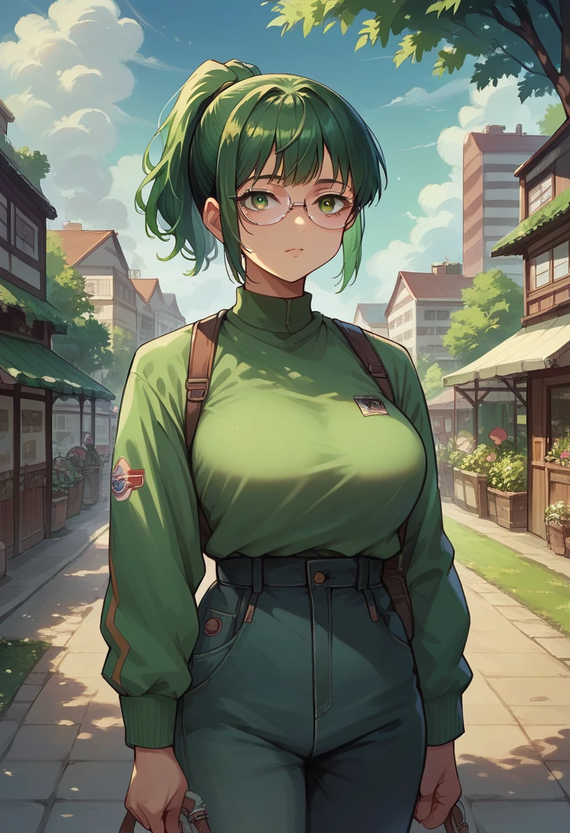 score_9, score_8_up, score_7_up, score_6_up, masterpiece, best quality, Anime_source, anime girl, 1 girl, solo, maki zenin , background is outside, detailed eyes, green ponytail hair, glasses, big breast