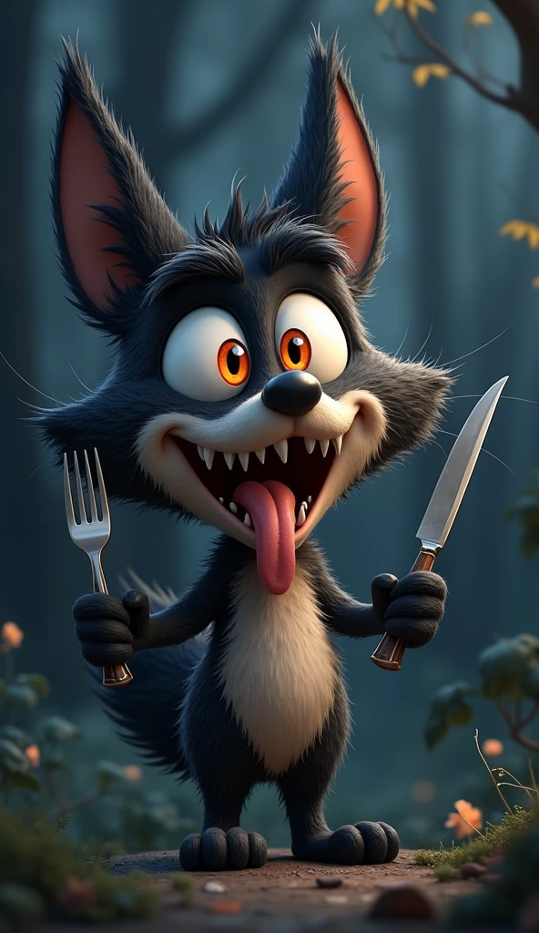 A hand drawn whimsical, cartoonish furry black fox with large, expressive orange eyes, and exaggerated facial features with canine teeth, long jaw, stands with a mischievous, wide-eyed grin, holding a fork in one hand and a knife in other hand and matching the exact expression as the (reference image:1.4). The fox's fur is dark black with tufts of fur adding texture and character. Its mouth is open wide with a comically large tongue sticking out, adding to its playful and mischievous appearance. The overall style is highly detailed with a touch of (hand-painted quality:1.4), focusing on exaggerated expressions:1.3, vibrant colors, and a humorous, light-hearted mood. The background is a softly blurred, dark-toned forest with hints of light filtering through the trees, adding to the magical and whimsical atmosphere.