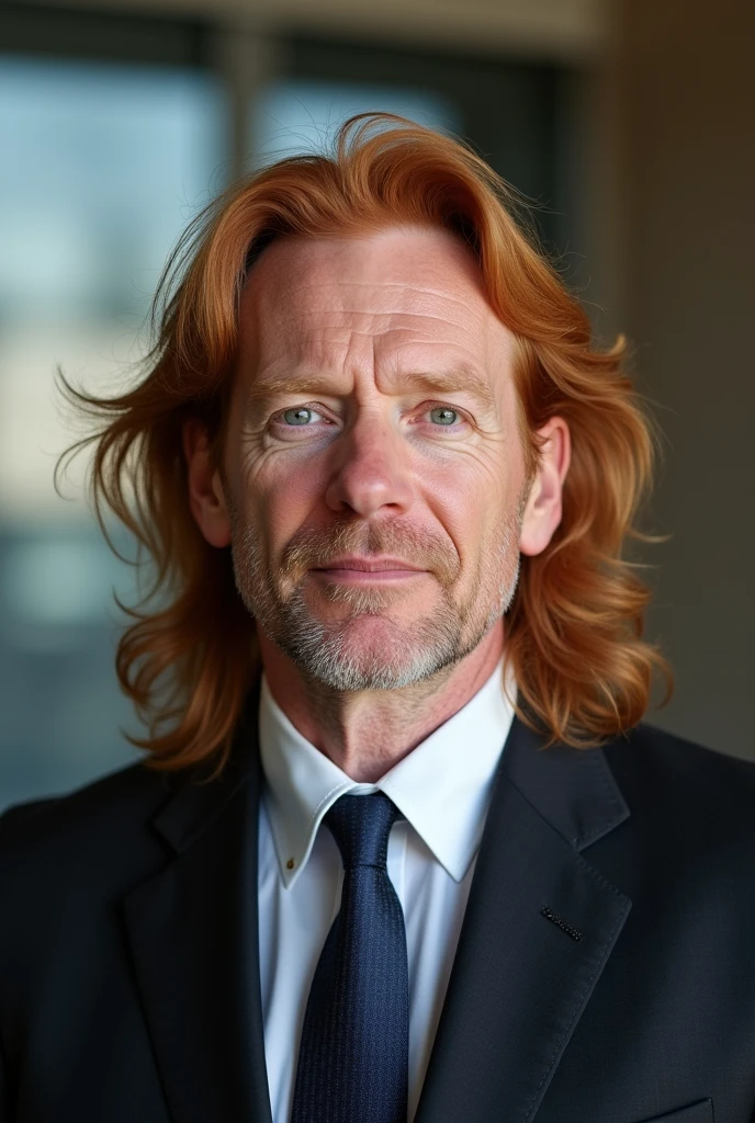 a guy, in the 45 year age range, with light brown almost red hair, with very long hair, Caucasian skin, round, almost oval face and formal clothing. In the background a company sign reading TURY