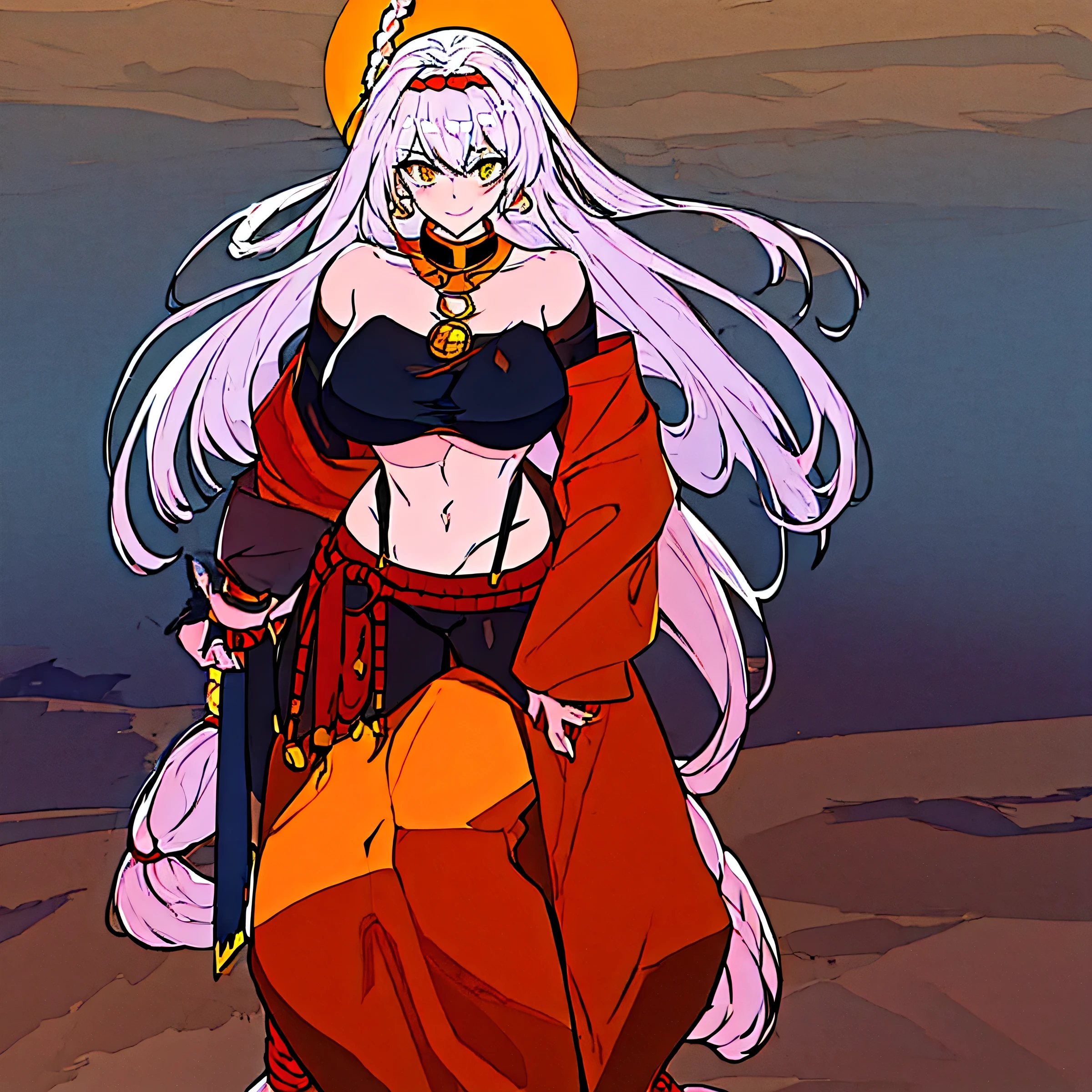  ((Big breasts)), 1girl, solo, smile, large breasts, bare shoulders, golden eyes, jewelry, white hair, outdoors, necklace, clothing cutout, shoulder cutout, five elemental amulet, baggy large golden harem pants, baggy harem pants, baggy sleves, pale skin, bushy and very long hair, long hair, toon figure, full body,tensura style, lifeless desert background, bushy hair, exposed midsection, black bra, floating energy ball in her hand, golden eyes, golden baggy harem pants, blushing, red cheeks, a large golden Shimenawa (rope belt) around her