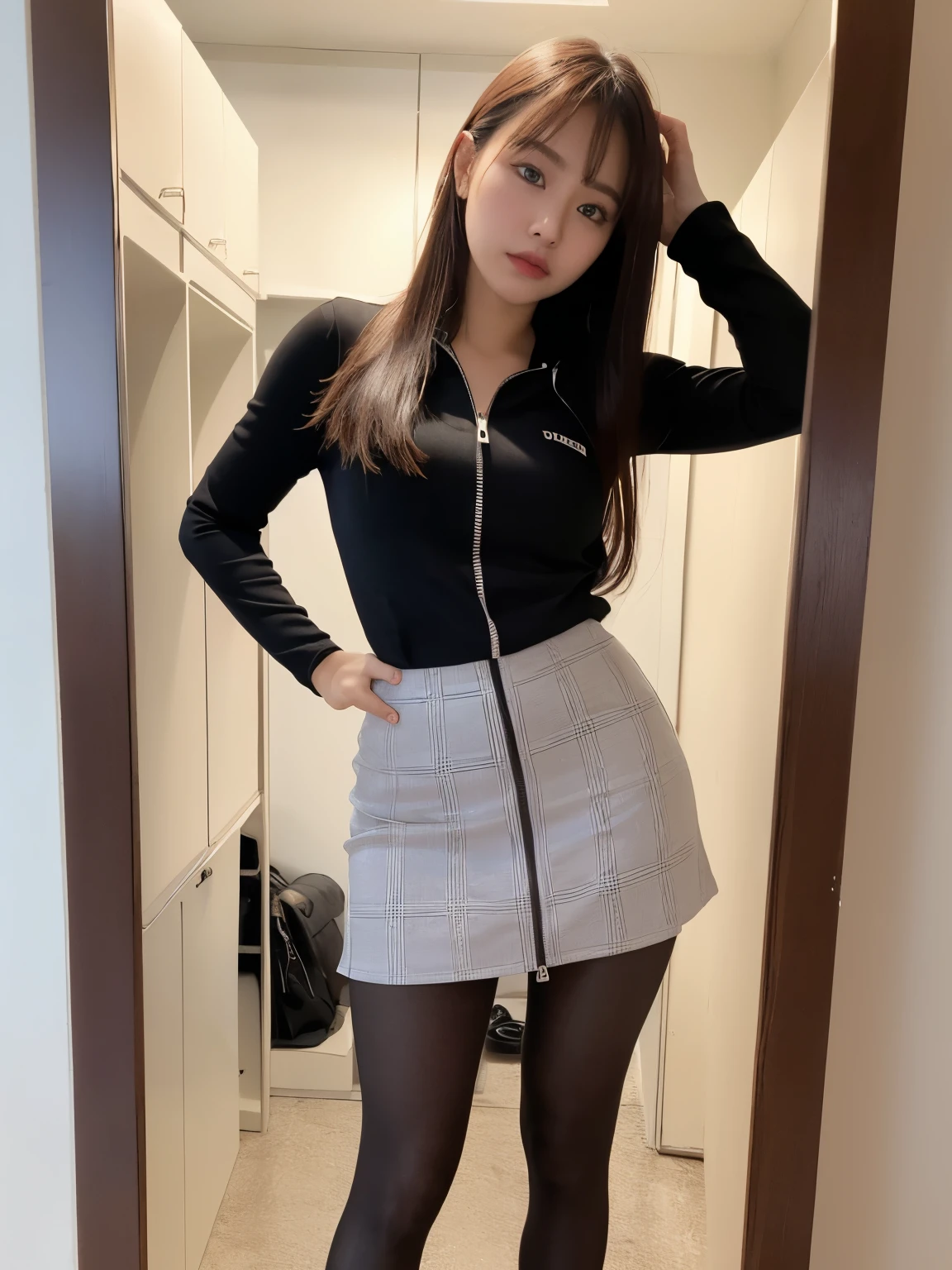ulzzang-6500-v1.1, (RAW Photos:1.2), (Realistic), (Genuine:1.4), 1girl、Perfect Anatomy、Medium Long Hair、bangs、Plaid vest、Pencil Skirt、Pantyhose and skirt、locker room、((Changing clothes:1.3、The zipper of the skirt is down))、(Ultra-realistic pantyhose:1.4), (High heels), (Business services)、